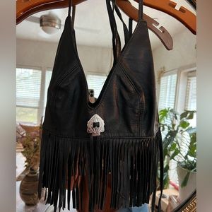 Vintage leather biker fringe crop top!